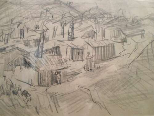 Walter Battiss - Towship scene - A beautiful little pencil sketch! - Bid now!