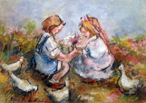 Marietta de Kock - Seated children with chickens - Beautiful painting on hand made paper! - Bid now!