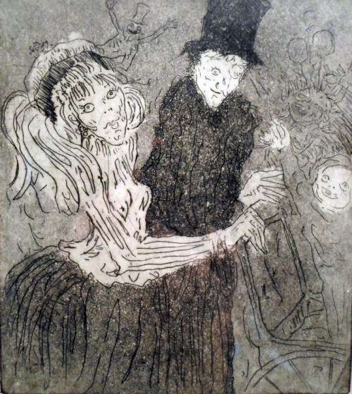 Marc Glaser - Abstract woman with man in a top hat - A beautiful little etching! Bid now!