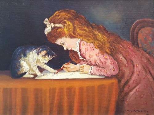 Paul Potgieter - Girl reading with cat on the table - A stunning oil painting, bid now!!