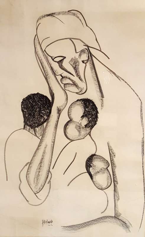 H Kudna - Despondent mother with children - A beautiful charcoal drawing! Giveaway price!