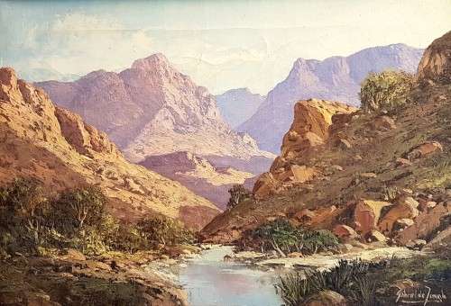 Gabriel de Jongh - SA Master - River and mountains - Investment art at its finest!! Bid now!!