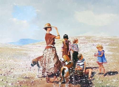 Hennie Griesel - Family picnic in the Cosmos! 75cm x 55cm - Investment art!! Magnificent!! Bid now!