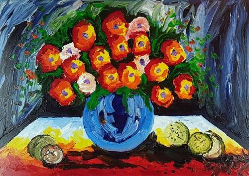 Paul van Rensburg - Still life flowers - Stunning art!! Low price! Bid now!!