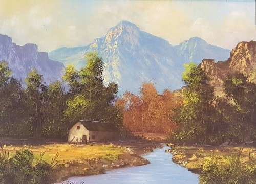 E Truter - Farm scene with river and mountains - Investment art!! Bid now!!