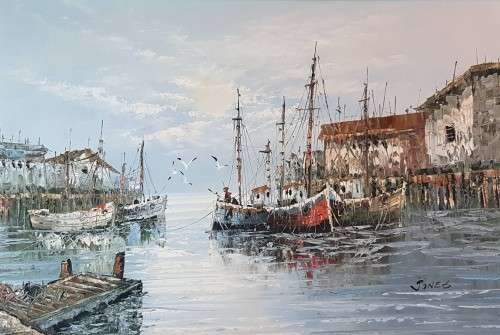 Jones - Boats in the harbor - A beautiful oil painting!!  Bid now!