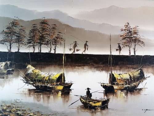 K Yan - Chinese boats on the river