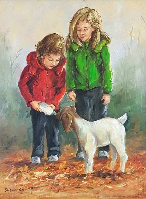 Susan Cronje - Kids feeding a lamb - Lovely art! - Low price! - Bid now!!