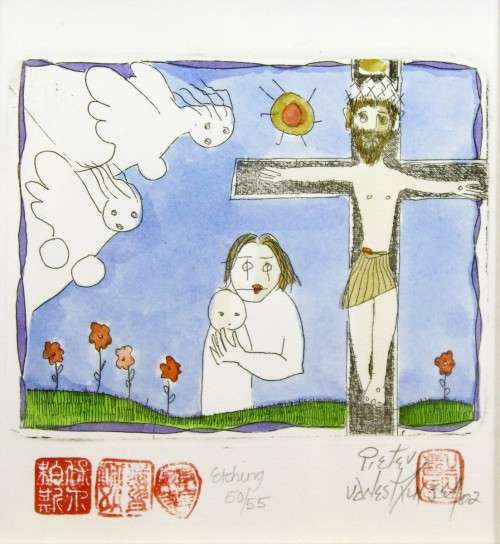 RED HOT SALE! Pieter van der Westhuizen - On the cross - A beautiful etching! Bid now!