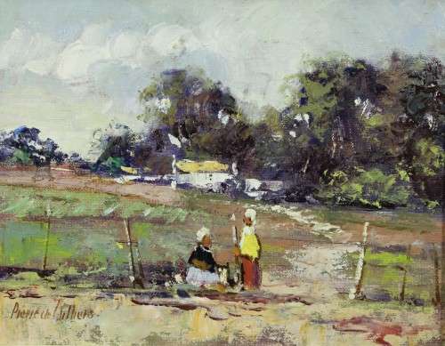 Pierre de Villiers - Farm scene with ladies - Investment art! A true beauty, bid now!!