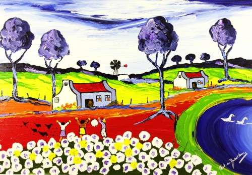 Paul van Rensburg - Farm scene with kids playing - Stunning art!! Low price! Bid now!!