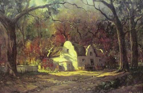 Gabriel de Jongh - Cape Dutch house in autumn - A beautiful print! Stunning frame! - Bid now!