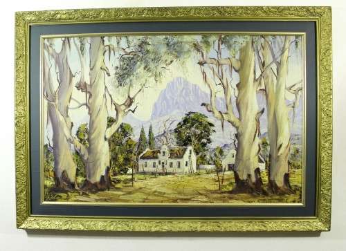 HG van Aswegen - Farm scene with large Eucalyptus trees