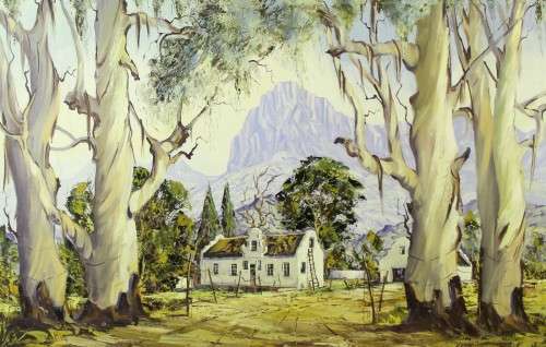 HG van Aswegen - Farm scene with large Eucalyptus trees