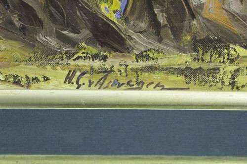 HG van Aswegen - Farm scene with large Eucalyptus trees