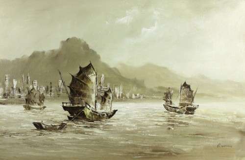 P Wong - Oriental boat scene
