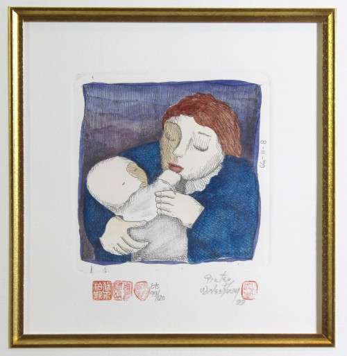 Pieter van der Westhuizen - Mother and baby - A beautiful etching! Bid now! *Free courier!