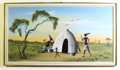 P Khumalo - Figures and a hut in a landscape