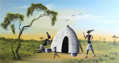 P Khumalo - Figures and a hut in a landscape