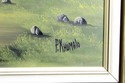 P Khumalo - Figures and a hut in a landscape