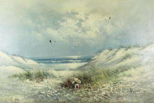 Romei - Little girl on the beach - A lovely painting!! Bid now!!