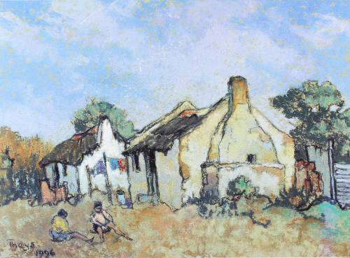 Conrad Thys - Cape Dutch home with children playing  - A little treasure, bid now!!
