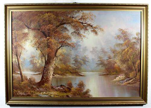 I Cofert - River scene with large tree - A beautiful oil painting - Bid now!