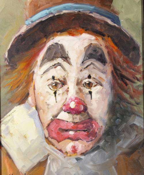 Phillip Britz - Sad clown with white face - A stunning painting!! Low price, act fast and bid now!