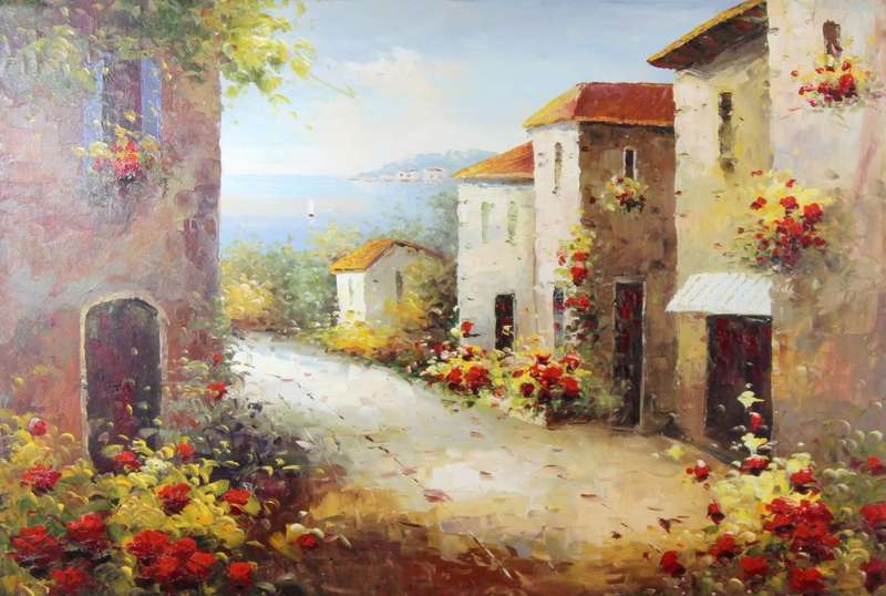 Italian lake and village scene - Large oil painting - A beautiful treasure! - Bid now!!