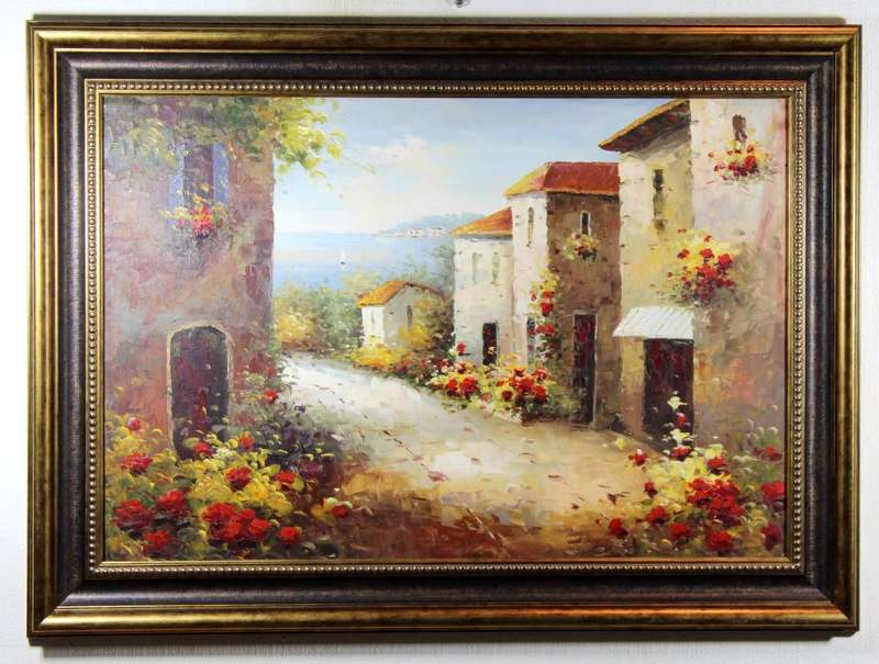 Italian lake and village scene - Large oil painting - A beautiful treasure! - Bid now!!