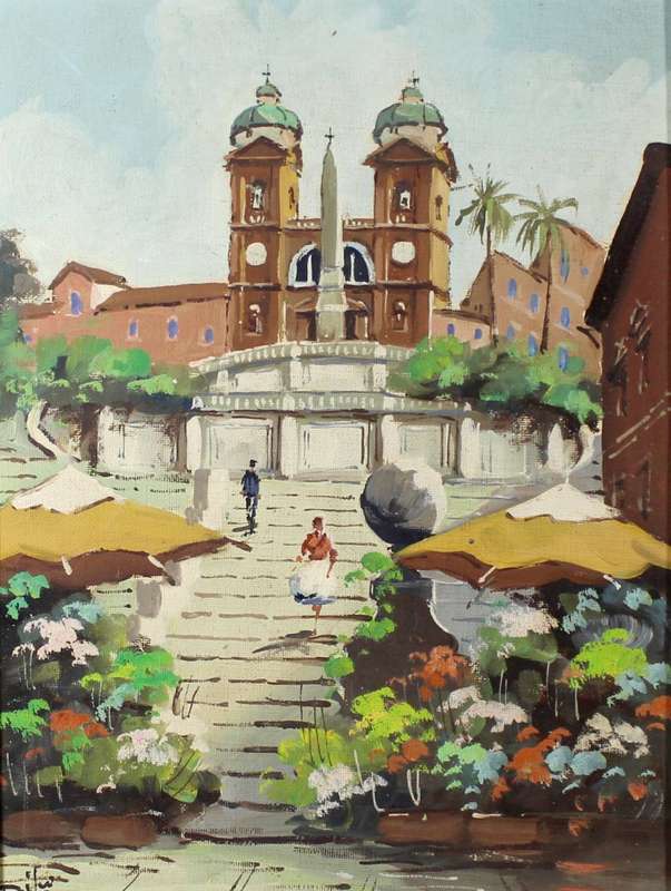 Italian scene - Steps in front of the building - Oil painting - A beautiful treasure! - Bid now!!