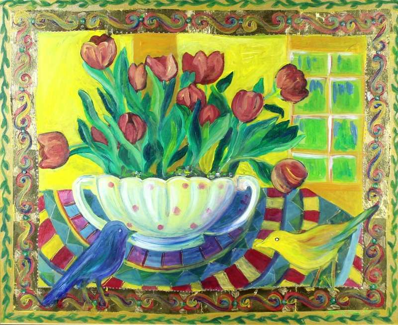 Jeanne Blom - Still life flowers with birds