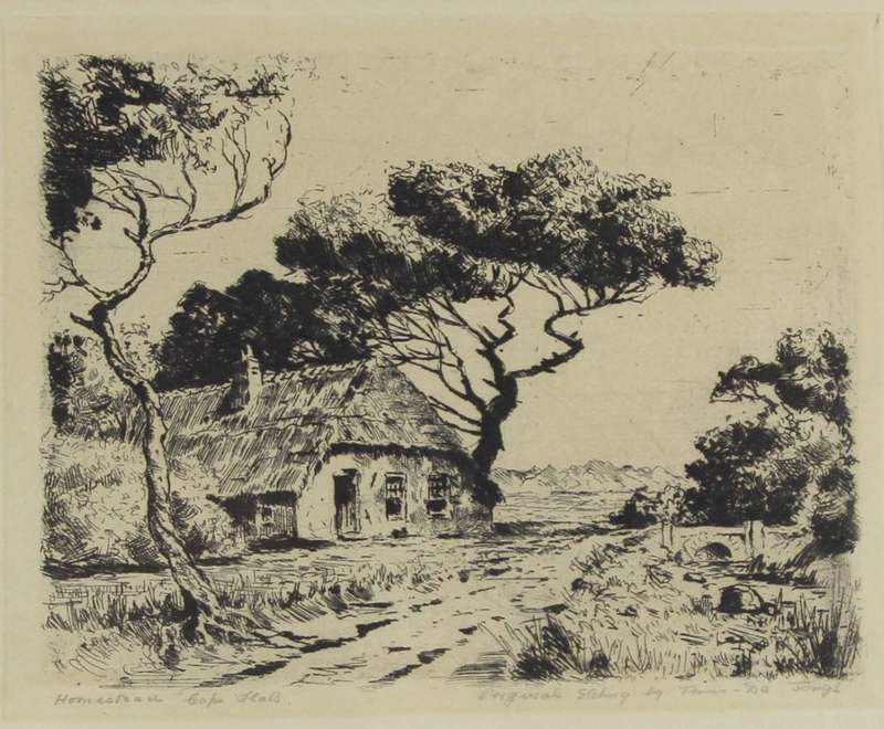 After Tinus de Jongh - Homestead Cape Flats - A beautiful etching!! Bid now!