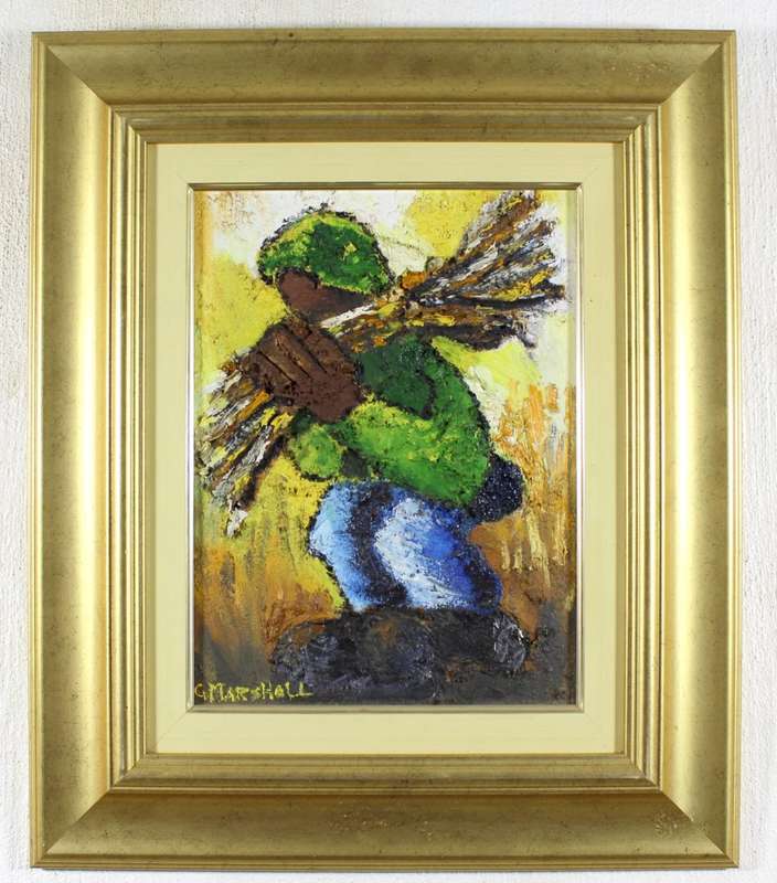 G Marshall - Figure in a green jacket carrying a wood bundle - A beautiful painting!! - Bid now!!