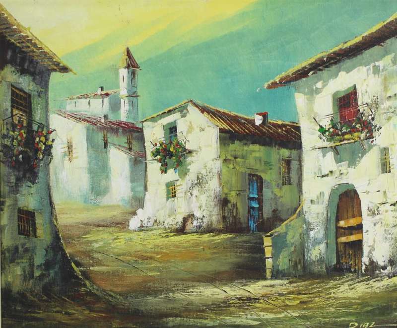 Diaz - European street scene - Oil on board