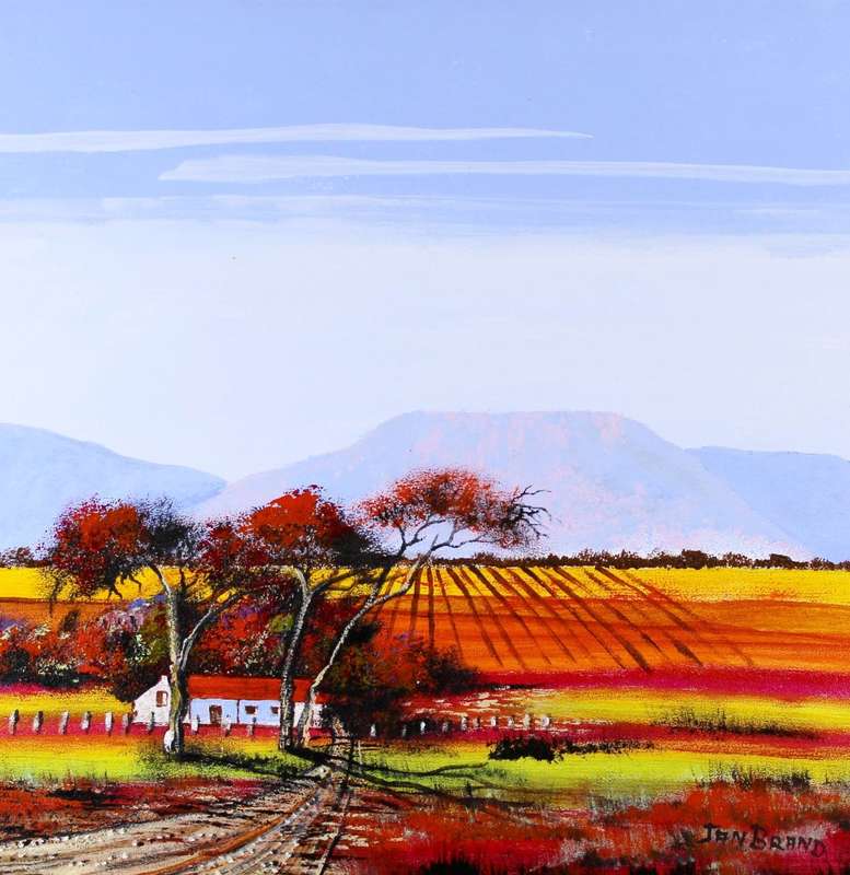 Jan Brand - Farmhouse with large trees and mountains - Magnificent art!! - Bid now!