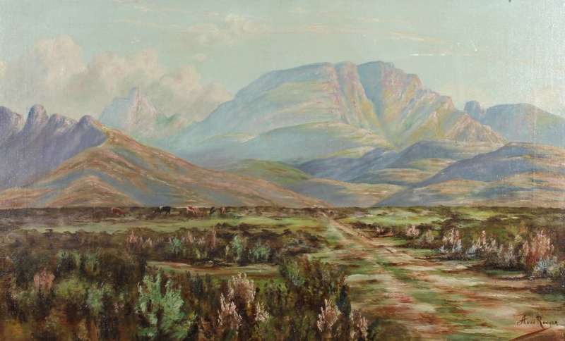 A van Rooyen - Landscape with cattle and mountains - A lovely painting - Bid now!!