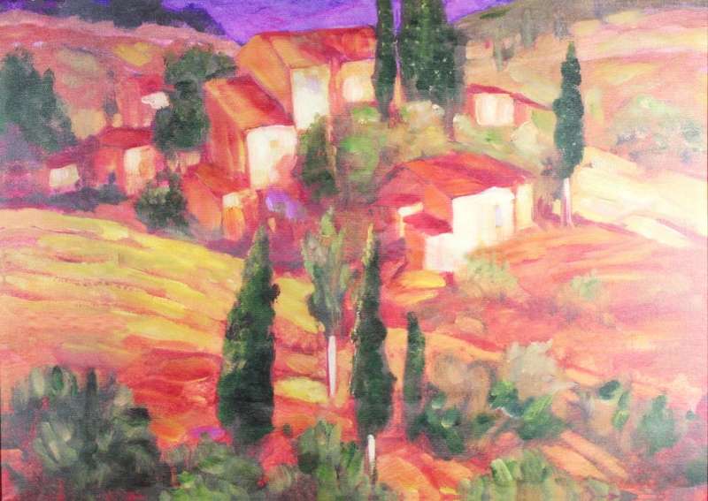 Italian country side with a village - A colorful beauty! - Bid now!