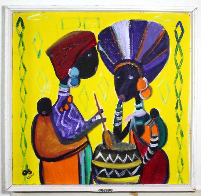 H Dow - ladies in traditional dress - reversible oil painting