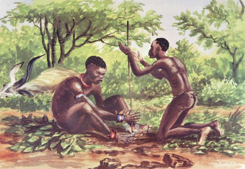 Thomas Baines - Makalaka kindling a fire, Zambezi River