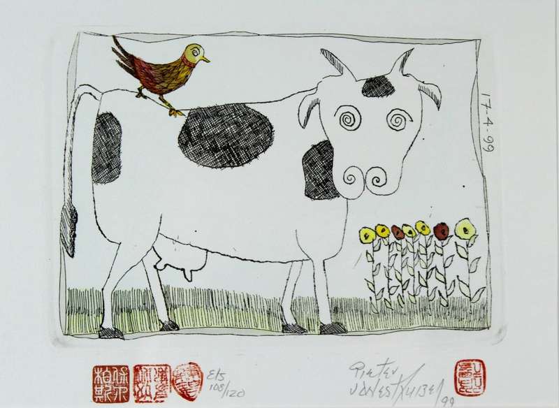 Pieter van der Westhuizen - Cow & Chicken - A beautiful etching! Bid now! *Free courier!