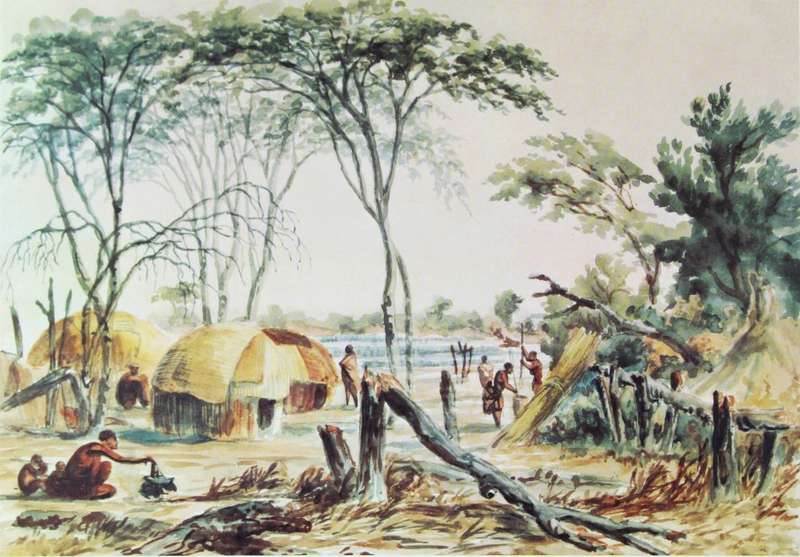 Thomas Baines - Samaganga`s village on the Botletle River