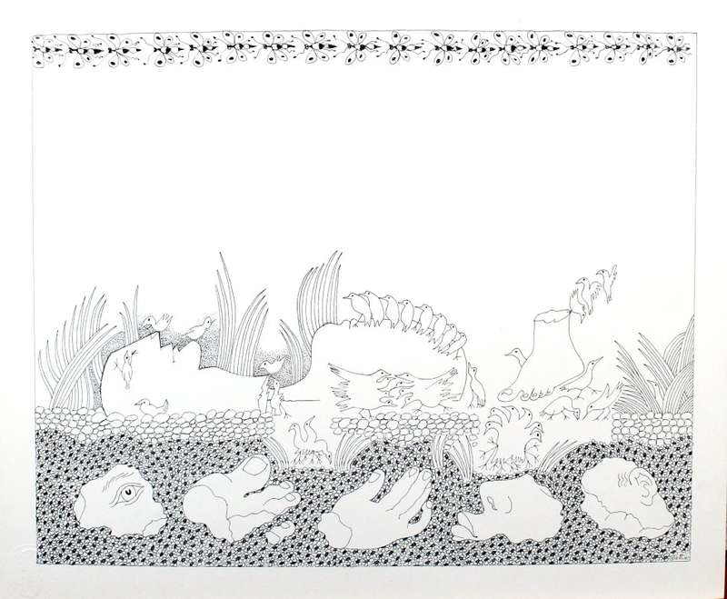 Walter Battiss - Fallen sculpture with birds and butterfly`s