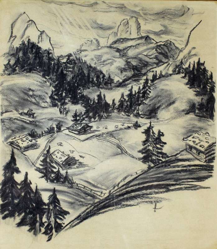 Settlement in the Alps - Signed with monogram