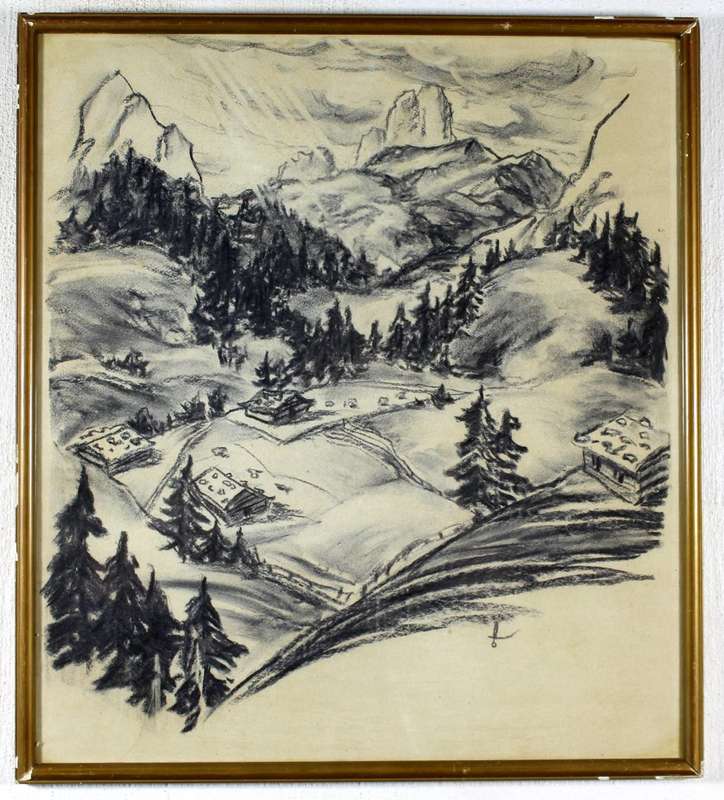 Settlement in the Alps - Signed with monogram