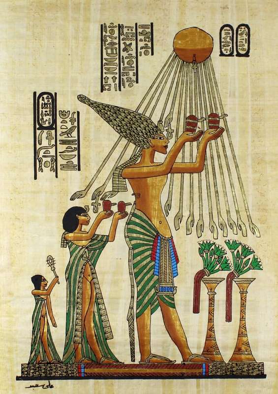 Egyption print on papyrus - Offering to the sun god