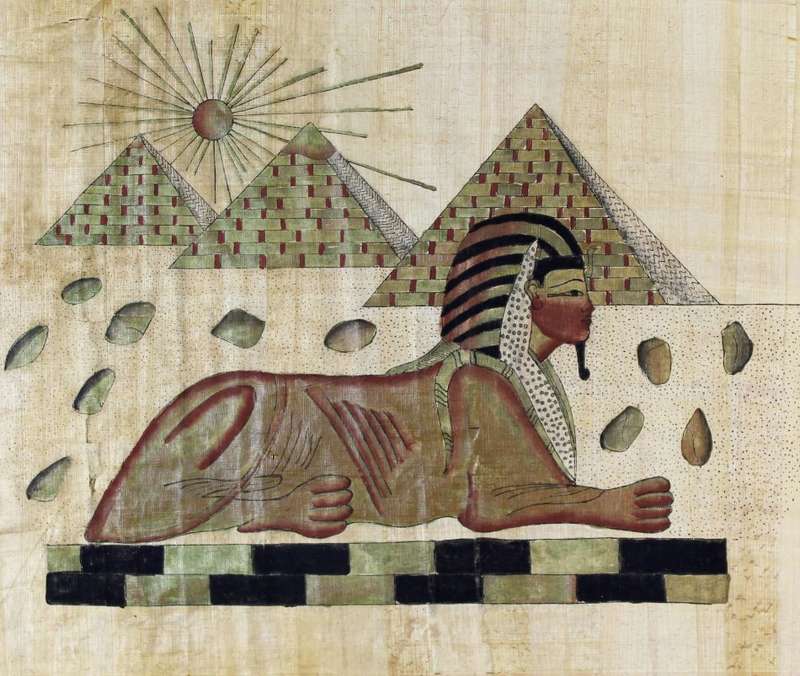 Egyption print on papyrus - Pyramid scene