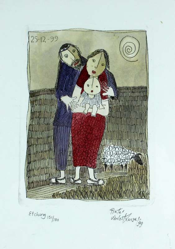Pieter van der Westhuizen - Family with sheep - A beautiful etching! Bid now! *Free courier!
