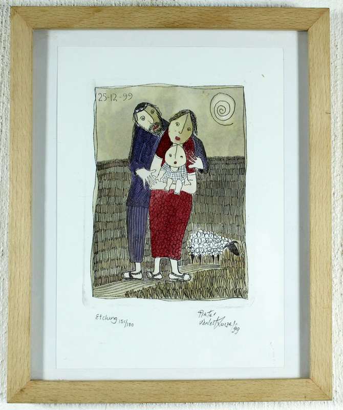 Pieter van der Westhuizen - Family with sheep - A beautiful etching! Bid now! *Free courier!