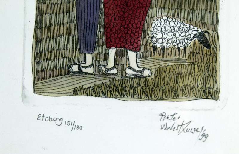 Pieter van der Westhuizen - Family with sheep - A beautiful etching! Bid now! *Free courier!